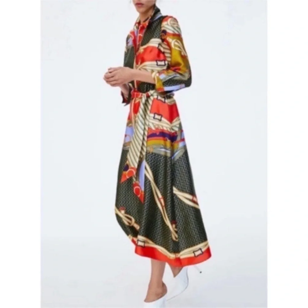 ZARA Scarf Print Midi Maxi Satin Long Sleeve Button Down Shirt Dress - Picture 13 of 14